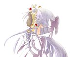  cake food hair_ribbon half_updo in_the_face long_hair melty_blood mikeco pastry pie_in_face pointy_ears ribbon silver_hair solo tsukihime white_len 