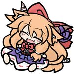  :3 animal_ears bow cat_ears cat_tail chibi closed_eyes fang hair_bow hair_ribbon horns ibuki_suika kemonomimi_mode long_hair lowres orange_hair ribbon solo tail touhou yanagi_(nurikoboshi) 