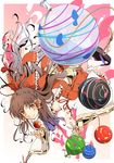  aka_ringo balloon bow brown_hair candy_apple detached_sleeves food hair_bow hakurei_reimu japanese_clothes kouhaku_nawa long_hair perspective red_eyes solo touhou water_yoyo 