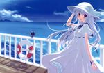  absurdres blue_hair braid cat cloud copyright_request day dress hat highres lifebuoy long_hair mountain nanao_naru open_mouth railing ribbon-trimmed_clothes ribbon_trim sky smile solo sun_hat sundress water 