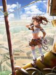  asymmetrical_clothes beek blue_eyes boots brown_hair cityscape cloud day gloves goggles goggles_on_head highres legs looking_back original ponytail pouch scenery shorts single_glove sky smile solo thighhighs 