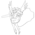  artist_request asymmetrical_legwear azuma_shoujuan bow cannon dress eyeball flying full_body greyscale hair_bow mary_janes monochrome non-web_source outstretched_arm reiuji_utsuho shoes short_sleeves simple_background socks solo third_eye touhou white_background wings 