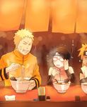  1boy 2girls akimichi_chouchou black_hair boruto:_the_movie bowl chopsticks eating food japanese meitarou multiple_girls naruto ramen sitting spiked_hair text translation_request uchiha_sarada uzumaki_naruto whiskers 