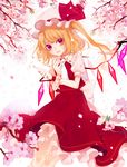  absurdres bad_id bad_pixiv_id blonde_hair cherry_blossoms cowboy_shot daimaou_ruaeru dress flandre_scarlet hat hat_ribbon highres long_hair looking_at_viewer mob_cap petals puffy_short_sleeves puffy_sleeves red_dress red_eyes ribbon sash shirt short_sleeves side_ponytail smile solo thighs touhou underwear wings wrist_cuffs 