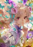  1girl amethyst_(gemstone) animal artist_name backlighting bangs blonde_hair blue_ribbon blurry blurry_background blush bug butterfly closed_mouth commentary commission double_bun english_commentary eyebrows_visible_through_hair finger_to_mouth fingernails flower gem hair_flower hair_ornament hair_ribbon highres index_finger_raised insect leaning_forward long_hair nail_polish original pink_eyes pink_flower pink_nails pink_rose purple_skirt ribbon rose shirt short_sleeves shushing skirt smile solo suspender_skirt suspenders upper_body watermark web_address white_shirt zero1510 