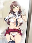  ass_visible_through_thighs between_breasts bikini black_legwear blush braid breasts brown_hair cellphone cleavage covered_nipples garter_straps gloves green_eyes iphone kantai_collection large_breasts long_hair looking_at_mirror looking_at_viewer mirror mouth_hold navel necktie necktie_between_breasts noshiro_(kantai_collection) phone reflection sameha_ikuya school_uniform self_shot shirt_lift single_thighhigh skirt smartphone smile solo swimsuit thigh_gap thighhighs twin_braids underboob white_bikini white_gloves 