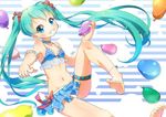 anklet aqua_hair barefoot bikini blue_eyes blush breasts collarbone feet frilled_bikini frills fuusen_neko grin hatsune_miku jewelry legs long_hair navel pointing pointing_at_viewer skirt small_breasts smile solo swimsuit toes twintails very_long_hair vocaloid water_balloon 