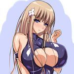  armlet bare_shoulders black_swimsuit blonde_hair blue_eyes blush breasts center_opening cleavage_cutout female flower hair_between_breasts hair_flower hair_ornament huge_breasts long_hair looking_at_viewer nanakorobi_yaoki original sexually_suggestive shy simple_background solo standing swimsuit upper_body 