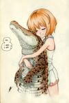  animal blanc brown_hair commentary crocodile crocodilian english highres hug hug_from_behind isaki_tanaka neptune_(series) paper_background realistic short_hair signature slit_pupils smile traditional_media 