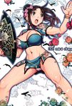  bird bracelet breasts brown_hair chi-chi_(dragon_ball) chinese_clothes cleavage_cutout commentary_request dated dragon_ball english fan flower folding_fan harumaki jewelry large_breasts long_hair midriff mini_day miniskirt navel open_mouth panties pantyshot skirt solo underwear upskirt 