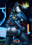  1girl android ass blue_skin breasts from_behind glowing glowing_eyes gynoid large_breasts looking_at_viewer mr_creeping_deth original robot robot_girl science_fiction sideboob solo yellow_eyes 