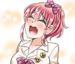 blush bow closed_eyes commentary_request crying fang hair_bow idolmaster idolmaster_cinderella_girls jewelry jougasaki_mika mabo-udon open_mouth pink_hair solo streaming_tears tears wavy_mouth 