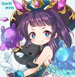  &gt;:) bangs blue_eyes gloves hat holding holding_stuffed_animal hug long_hair looking_at_viewer lumiel_(p&amp;d) marshmallow_mille purple_hair puzzle_&amp;_dragons sleeveless slime smile solo sparkling_eyes stuffed_animal stuffed_toy swept_bangs tapir twitter_username two_side_up v-shaped_eyebrows wings 