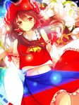  ascot bad_id bad_pixiv_id bare_shoulders bow brown_eyes brown_hair detached_sleeves flower hair_bow hair_tubes hakurei_reimu lily_(flower) matryoshka_(borscht) navel red_bow solo touhou 