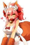  1girl @_@ animal_ear_fluff animal_ears apron bell bell_collar blush breasts cat_hair_ornament cat_paws cleavage collar fangs fate/grand_order fate_(series) fox_ears fox_tail gloves hair_ornament hair_ribbon heart jingle_bell large_breasts long_hair looking_at_viewer maid_headdress naked_apron open_mouth paw_gloves paws pink_hair ponytail red_ribbon ribbon simple_background solo sorrau tail tamamo_(fate)_(all) tamamo_cat_(fate) white_background yellow_eyes 