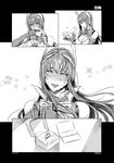  breasts cleavage comic elbow_gloves fei_(maidoll) gloves greyscale happy_tears headgear highres jewelry large_breasts long_hair monochrome original phantasy_star phantasy_star_online_2 ring ring_box smile tears translated 