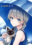  2015 absurdres bangs bare_shoulders blue_eyes blunt_bangs braid cat cover hair_over_shoulder highres looking_at_viewer mole mole_under_eye original siamese_cat solo takeuchi_aya title twin_braids umbrella 