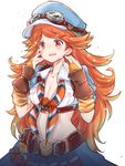  belt blush breasts cleavage fingerless_gloves gloves goggles goggles_on_headwear granblue_fantasy hat long_hair mary_(granblue_fantasy) medium_breasts messy_hair midriff nikke_(cherish) open_mouth orange_hair red_eyes shirt skirt smile solo tears tied_shirt 