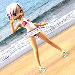  1girl 2015 3d beach bikini character_request child loli looking_at_viewer open_mouth outside posing shiny_hair shiny_skin short_hair swimsuit tagu-2 v 
