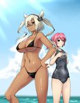  absurdres aqua_eyes bikini breast_envy breasts dark_skin doyagao flat_chest glasses hand_on_hip height_difference highres kantai_collection kirochef large_breasts long_hair multiple_girls musashi_(kantai_collection) one-piece_swimsuit pink_hair pointy_hair pout red_eyes school_swimsuit semi-rimless_eyewear shiranui_(kantai_collection) short_hair size_difference smirk standing swimsuit twintails two_side_up under-rim_eyewear white_hair 