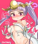 1girl :&lt; areolae blush breasts exploding_clothes haori headdress headpiece japanese_clothes large_breasts long_hair marshmallow_mille nose_blush off_shoulder open_clothes purple_eyes purple_hair puzzle_&amp;_dragons sarashi solo tears twintails twitter_username wardrobe_malfunction yomi_(p&amp;d) 