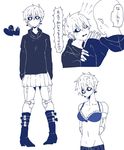 1girl android bald boots bra breasts full_body genderswap genos high_heel_boots high_heels monochrome one-punch_man saitama_(one-punch_man) simple_background skirt sweater translated translation_request 