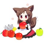  animal_ears apple bebeneko blush brown_hair chibi closed_mouth food fruit holding imaizumi_kagerou long_hair long_sleeves smile solid_circle_eyes solo tail touhou white_background wide_sleeves wolf wolf_ears wolf_tail 