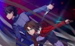  1girl bent_over black_hair blue_eyes brown_hair fighting_stance kara_no_kyoukai knife long_sleeves melty_blood nanaya_(daaijianglin) outstretched_arms ryougi_shiki short_hair standing toono_shiki tsukihime visible_air 