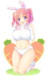  :d animal_ears bare_shoulders belly blush breasts bunny_ears carrot crop_top fluffy_legwear full_body gloves highres hips ichi_makoto large_breasts long_hair looking_at_viewer midriff mikakunin_de_shinkoukei navel open_mouth paw_gloves paws pink_hair purple_eyes shiny shiny_skin short_hair simple_background smile solo thighs two_side_up white_background white_gloves yonomori_kobeni 