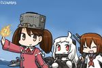  :d ahoge aircraft airplane anchor blue_sky brown_eyes brown_hair cannon closed_eyes commentary dated day fang hair_ornament hairclip hamu_koutarou horns ikazuchi_(kantai_collection) kantai_collection long_hair machinery magatama mittens mountain multiple_girls neckerchief northern_ocean_hime ocean onmyouji open_mouth red_eyes ryuujou_(kantai_collection) school_uniform serafuku shinkaisei-kan short_hair sky smile translated twintails visor_cap white_hair white_skin 