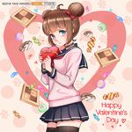  ahoge artist_name bangs black_legwear blue_eyes blunt_bangs blush bow box brown_hair candy checkerboard_cookie choker cookie double_bun eyebrows eyebrows_visible_through_hair food hair_bow happy_valentine heart heart-shaped_box jelly_bean light_smile looking_at_viewer miniskirt original paw_print pink_background pleated_skirt school_uniform serafuku short_hair skirt smile solo sweets thighhighs valentine yagi_hikaru zettai_ryouiki 