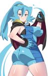  ass bangs black_cape blue_eyes blue_gloves blue_hair body_blush bodysuit breasts cape cape_lift covered_nipples cowboy_shot from_behind gloves gym_leader hair_between_eyes hand_on_hip hat high_ponytail highres ibuki_(pokemon) komusou_(jinrikisha) large_breasts long_hair looking_at_viewer looking_back pearl pokemon pokemon_(game) pokemon_hgss shiny shiny_clothes shiny_skin simple_background skin_tight smile solo standing white_background 