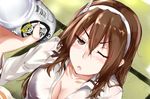  ;o ashigara_(kantai_collection) barcode beer_can blurry blush breasts brown_eyes brown_hair can cleavage collarbone depth_of_field drunk dutch_angle eyebrows eyebrows_visible_through_hair eyelashes fang fingernails frown furrowed_eyebrows hair_between_eyes hairband kantai_collection long_fingernails long_hair medium_breasts messy_hair nose_blush one_eye_closed open_mouth solo tokorotn v-shaped_eyebrows 