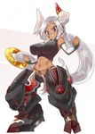  animal_ears armor armored_boots bandages boots breasts cow_ears cow_tail dark_skin horns large_breasts long_hair low_ponytail naka_akira purple_eyes silver_hair solo tail very_long_hair 