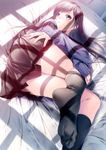  bed black_hair black_legwear feet grey_eyes highres kneehighs long_hair long_sleeves looking_at_viewer lying on_bed on_side original rezi shirt skirt solo window_shade 