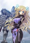  blonde_hair blue_eyes blush bodysuit bow breasts carnelian covered_navel emblem glowing hair_bow highres holding_arm liz_hohenstein long_hair looking_at_viewer mecha medium_breasts mig-21_balalaika_(muvluv) muvluv non-web_source official_art open_mouth outdoors pilot_suit ribbon schwarzesmarken skin_tight snow standing tears two_side_up 