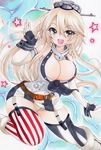  black_eyes blonde_hair breasts cleavage elbow_gloves fingerless_gloves garter_straps gloves highres iowa_(kantai_collection) kantai_collection large_breasts long_hair marker_(medium) miniskirt panties pantyshot skirt solo thighhighs traditional_media underwear v yoruoujito-tsukinohime 