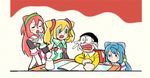  2boys 2girls black_border blonde_hair blue_hair border comic crossover crying desk doraemon fujiko_f_fujio_(style) gloves green_eyes hacka_doll hacka_doll_1 hacka_doll_2 hacka_doll_3 height_difference kagino_maki long_hair multiple_boys multiple_girls nobi_nobita notebook open_mouth red_hair table traditional_media twintails white_gloves 