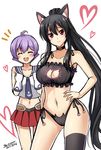  2girls :d ^_^ ahoge anchor_symbol animal_ears artist_name bare_shoulders black_bra black_hair black_legwear black_panties blush bra breasts cat_cutout cat_ear_panties cat_ears cat_lingerie choker cleavage_cutout closed_eyes dated gloves hair_between_eyes hand_on_hip heart highres kantai_collection large_breasts long_hair looking_at_viewer meme_attire midriff multiple_girls navel necktie open_mouth panties ponytail purple_hair red_eyes red_skirt sakawa_(kantai_collection) school_uniform serafuku short_hair side-tie_panties simple_background single_thighhigh skirt sleeveless smile the-sinner thighhighs underwear underwear_only very_long_hair white_background white_gloves yahagi_(kantai_collection) 