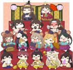  &gt;_&lt; abukuma_(kantai_collection) akagi_(kantai_collection) animal_ears bear_ears black_eyes black_hair blonde_hair bowl broom brown_eyes brown_hair chibi chikuma_(kantai_collection) closed_eyes commentary drum eighth_note fan flute food fubuki_(kantai_collection) grey_hair hair_ornament harisen hat hiei_(kantai_collection) highres hina_ningyou hinamatsuri instrument japanese_clothes jintsuu_(kantai_collection) kaga_(kantai_collection) kantai_collection kimono kongou_(kantai_collection) kuma_(kantai_collection) kumano_(kantai_collection) kunai lamp microphone mikuma_(kantai_collection) mochi multiple_girls musical_note mutsuki_(kantai_collection) naka_(kantai_collection) open_mouth puchimasu! quiver red_hair remodel_(kantai_collection) saishi sendai_(kantai_collection) shovel smile staff wagashi weapon yuudachi_(kantai_collection) yuureidoushi_(yuurei6214) 