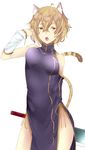  animal_ears arm_warmers bare_shoulders blonde_hair breasts cat_ears cat_tail character_request china_dress chinese_clothes copyright_request detached_sleeves dress hair_between_eyes highres jitome looking_at_viewer medium_breasts onineko-chan open_mouth short_eyebrows short_hair side_slit solo tail yellow_eyes 
