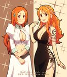  2girls beads black_dress bleach blush breasts brown_eyes cleavage cleavage_cutout crossover dav-19 dress hair_ornament inoue_orihime large_breasts long_hair looking_at_viewer midriff multiple_girls nami_(one_piece) navel one_piece orange_hair smile tattoo 
