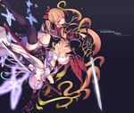  arm_up armor ass back bangs belt black_background black_dress black_footwear black_gloves black_legwear blonde_hair boots bow braid breasts brown_footwear bug butt_crack butterfly character_name closed_mouth copyright_name demon_horns draph dress fukai_ryousuke gloves gradient granblue_fantasy hair_between_eyes hair_bow hair_ornament hair_over_one_eye high_heel_boots high_heels holding holding_sword holding_weapon horns insect large_breasts lavender_hair long_hair looking_at_viewer md5_mismatch multiple_girls narmaya_(granblue_fantasy) outstretched_arm panties pauldrons pointy_ears ponytail red_bow red_eyes short_dress simple_background single_thighhigh smile sword thigh_strap thighhighs underwear unsheathed upside-down vira_lilie weapon white_panties 