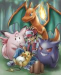  1boy 2016 black_hair charizard clefable dugtrio gengar hand_on_another's_head hand_on_head hat nintendo outside pokemon porocha raichu red_(pokemon) red_(pokemon)_(classic) shiny_hair shiny_skin short_hair shota 