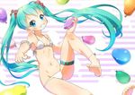  anklet aqua_hair barefoot bikini blue_eyes blush breasts collarbone feet fuusen_neko grin hatsune_miku jewelry legs long_hair navel pointing pointing_at_viewer small_breasts smile solo swimsuit toes twintails very_long_hair vocaloid water_balloon white_bikini 