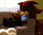  anthro black_hair black_nose clothing hair hedgehog male mammal markings myly14 red_eyes shadow_the_hedgehog signature sitting sofa solo sonic_(series) video_games 