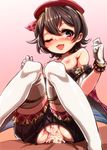  anal blush breasts brown_eyes brown_hair canna_(granblue_fantasy) cum cum_in_ass gloves granblue_fantasy harigane_shinshi hat heart heart-shaped_pupils highres nipples one_eye_closed penis pussy_juice sex short_hair small_breasts solo_focus symbol-shaped_pupils thighhighs 
