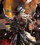  aiming_at_viewer bismarck_(kantai_collection) blonde_hair blue_eyes blurry bottomless brown_gloves cannon cowboy_shot elbow_gloves gloves hair_over_one_eye hat holding kantai_collection long_hair looking_at_viewer machinery mecha_musume peaked_cap remodel_(kantai_collection) snow snowing solo stu_dts 