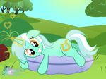  2014 absurd_res amber_eyes cutie_mark equine female feral friendship_is_magic fur grass green_fur hair hi_res horn log looking_at_viewer lying lyra_heartstrings_(mlp) magic mammal multicolored_hair my_little_pony nightmaremoons on_side outside pillow sky smile solo sun tree two_tone_hair unicorn wood 