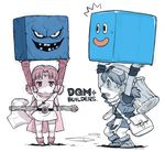  1boy 1girl :&lt; ankle_boots axe bag boots cape carrying circlet copyright_name cube dqm dragon_quest dragon_quest_builders dragon_quest_monsters dragon_quest_monsters_plus dress hammer hero_(dqb) jitome marumo messenger_bag partially_colored rockbomb shoulder_bag slime_(dragon_quest) strapless strapless_dress sweatdrop twintails weapon yoshizaki_mine 
